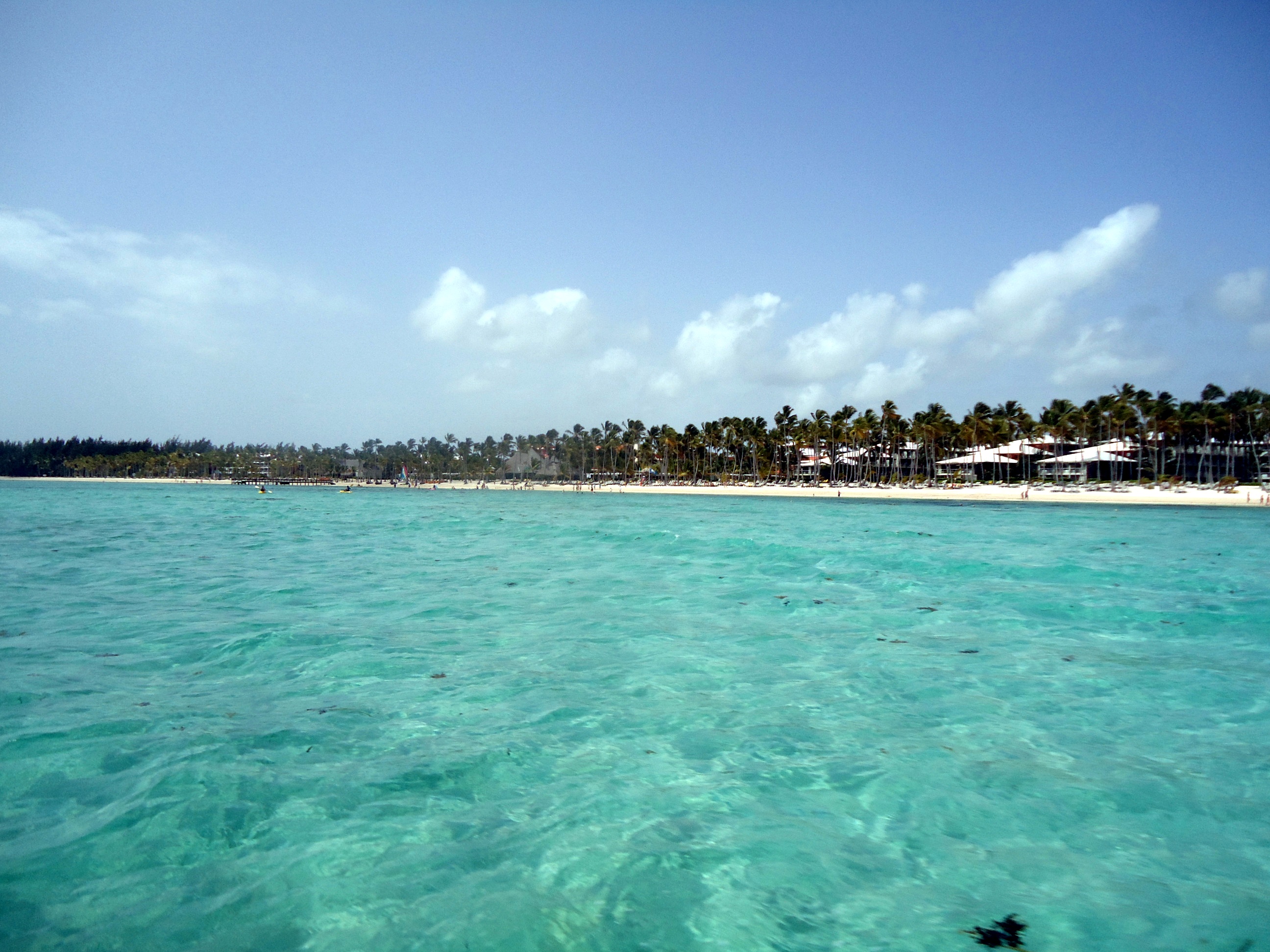 Punta Cana beach seen from a distance, with shallow turquoise water.