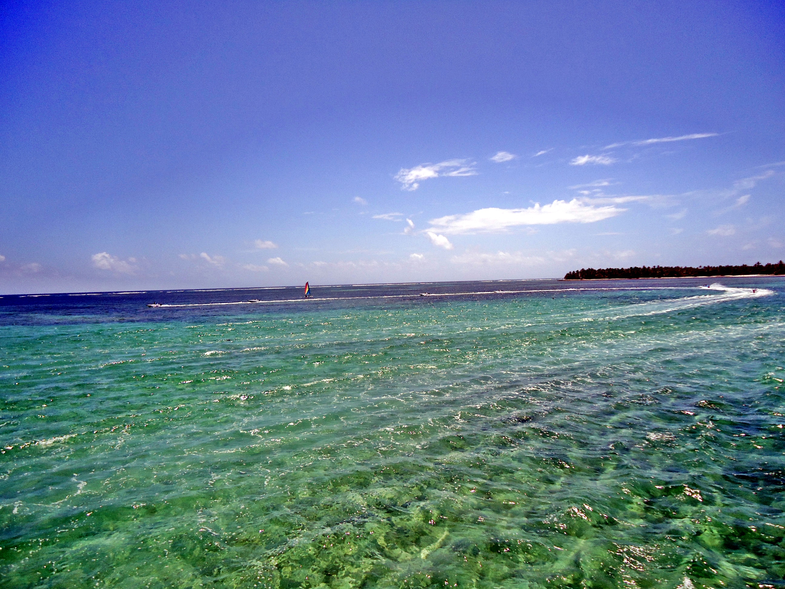Shades of blue and green of the Caribbean Sea, with surfers in the distance.